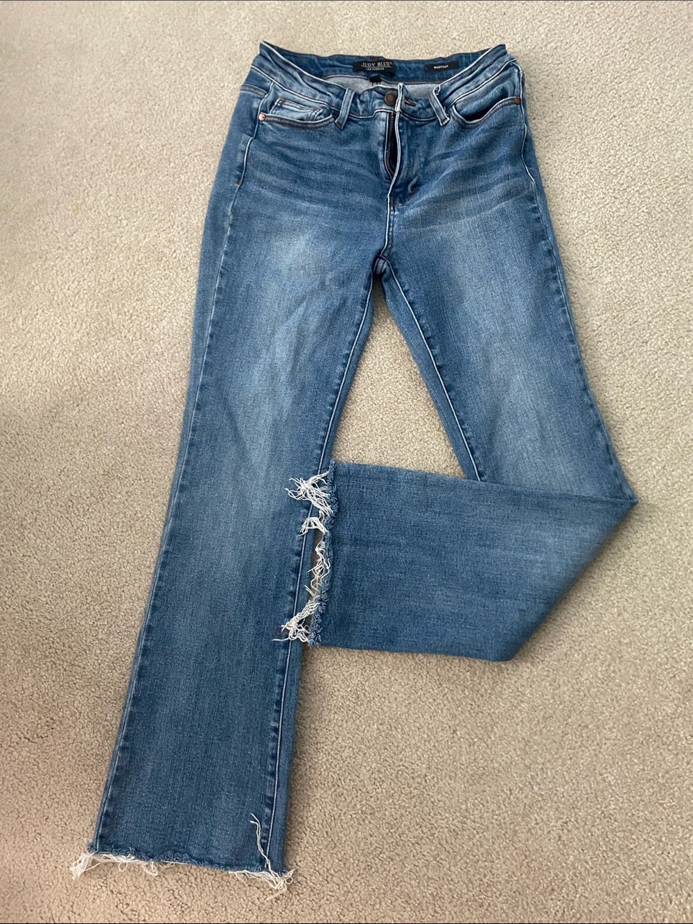 Judy Blue Medium Blue Straight Leg Jeans with Raw Hem